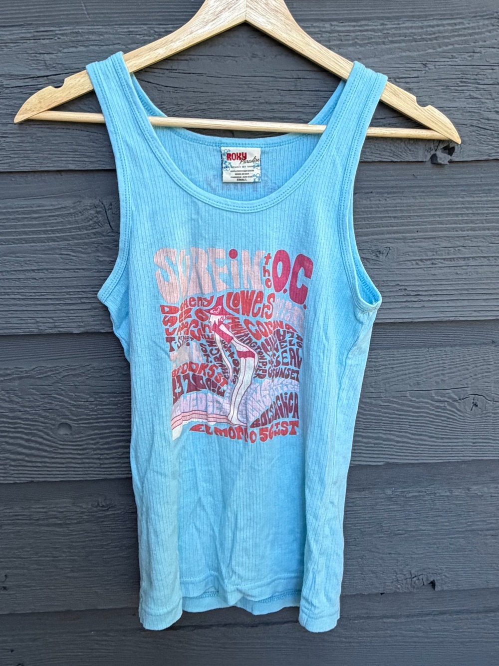 Vintage Roxy “Surf the OC” Cotton Ribbed Graphic Tank Blue Pink Small
